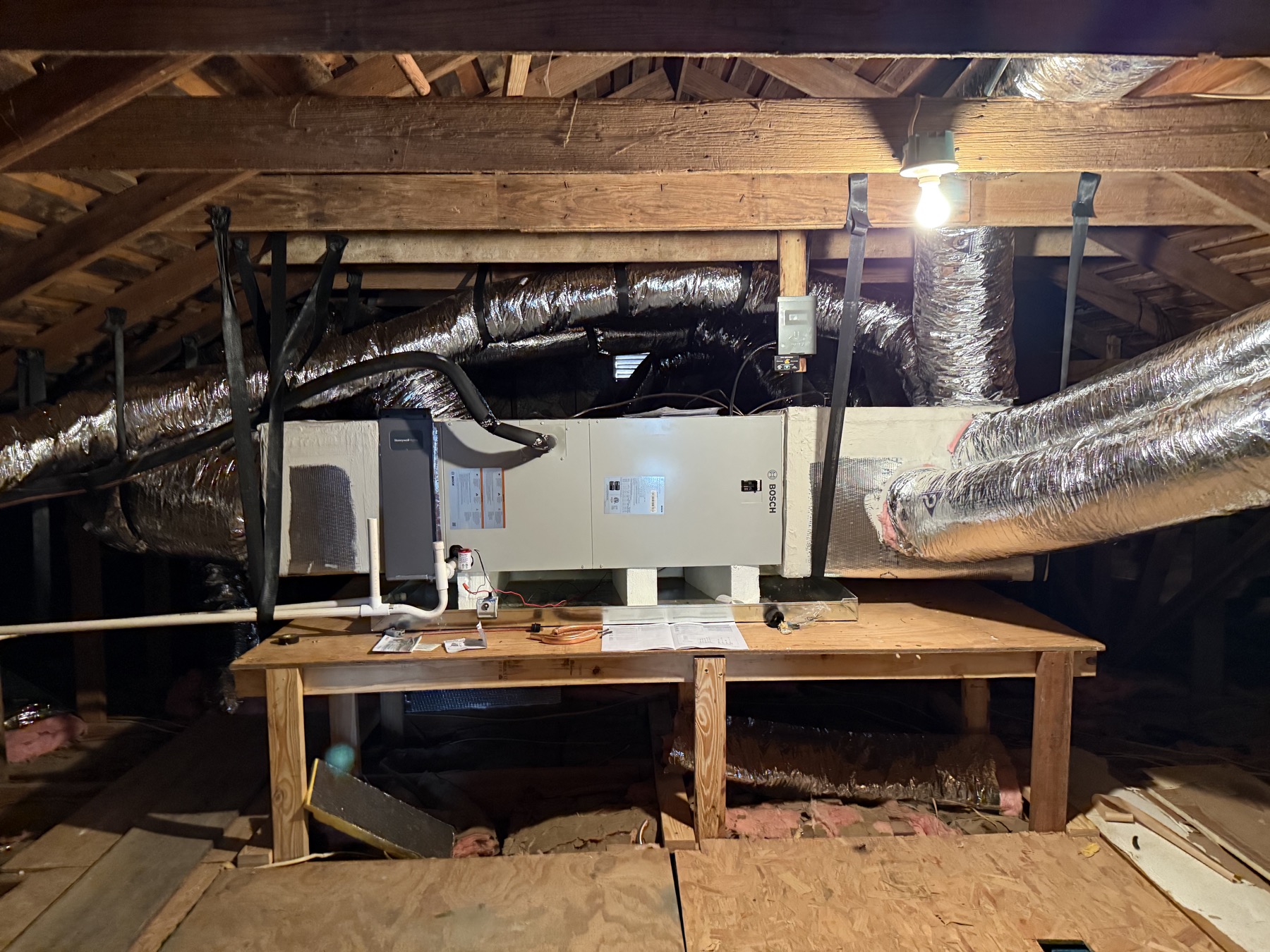 Attic air handler on a custom platform with new duct connections